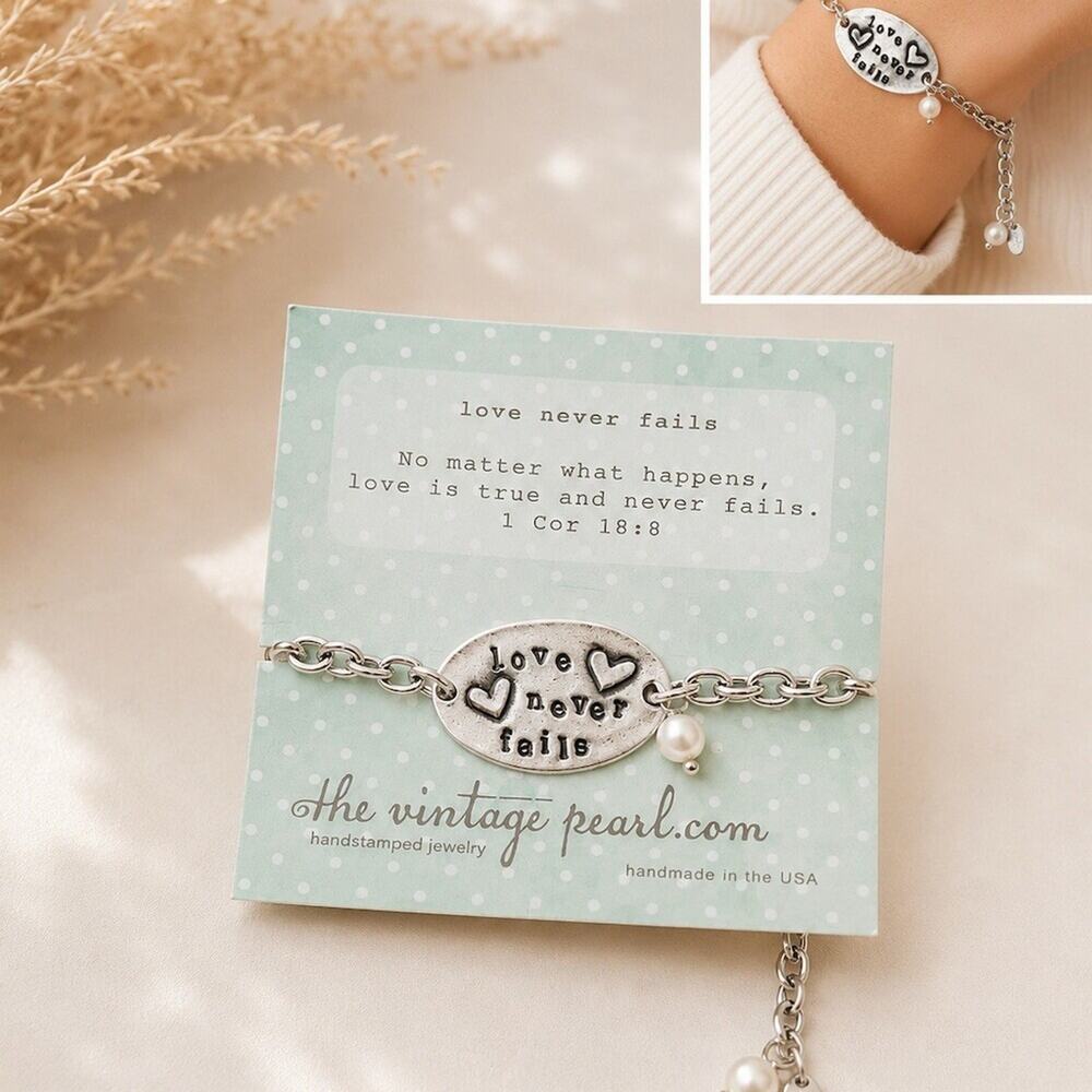The Vintage Pearl Bracelet Love Never Fails 1 Cor 13:8 Charm Pearl Dangle Bible